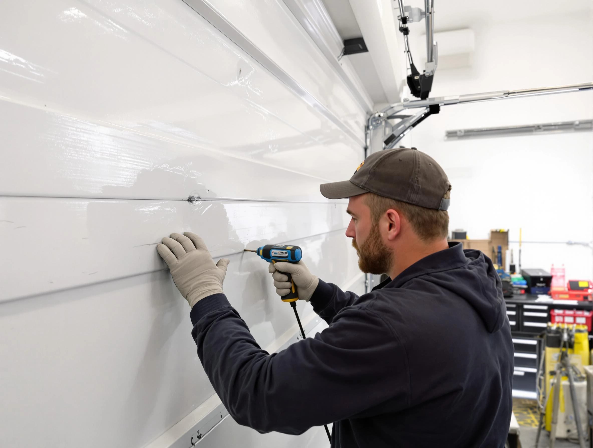Slaughterville Garage Door Repair technician demonstrating precision dent removal techniques on a Slaughterville garage door